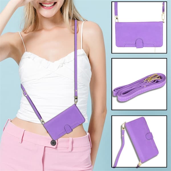 Etui til iPhone 14 Lilla + håndledsrem + lang lanyard lynlåspung med kortholder flip