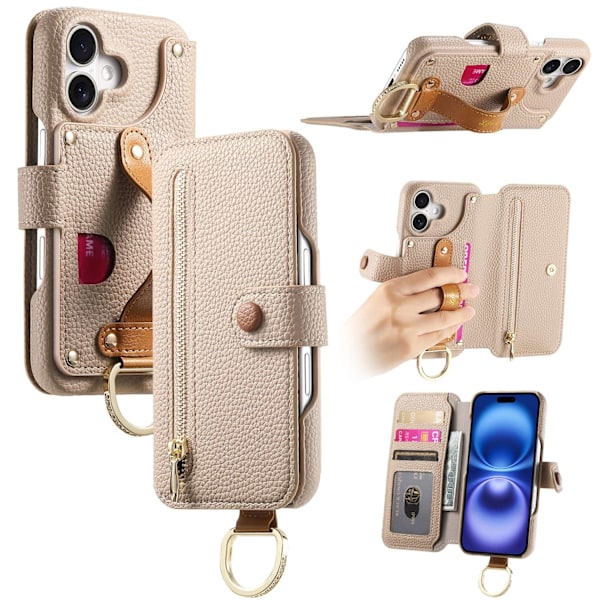 Etui til iPhone 15 Pro Khaki Pebbled Læder Flip Wallet med Kortholder
