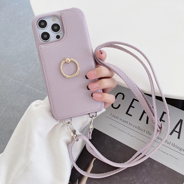 Etui til iPhone 14 Pro Tofoldig skjønnhetsspeil lavendel crossbody-snor Pebbled lommebok med kortholder Skjønnhetsspeil Crossbody-stropp