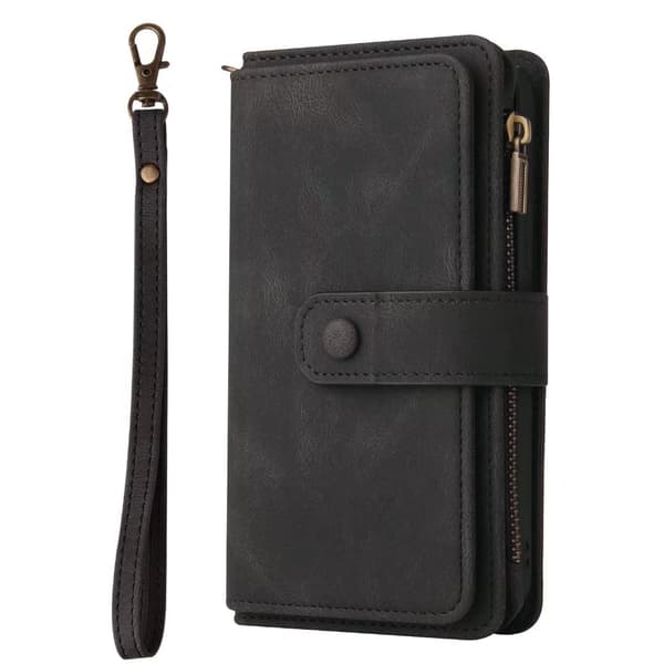 Etui til iPhone 15 PLUS sort Soft-Touch kortfølsom lynlås Wallet med kortholder