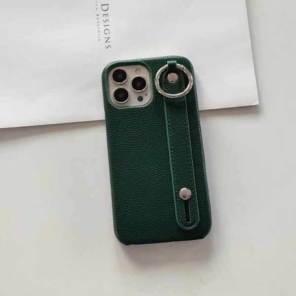 Etui til iPhone 15promax Mørkegrønn Pebbled håndleddsringstativ