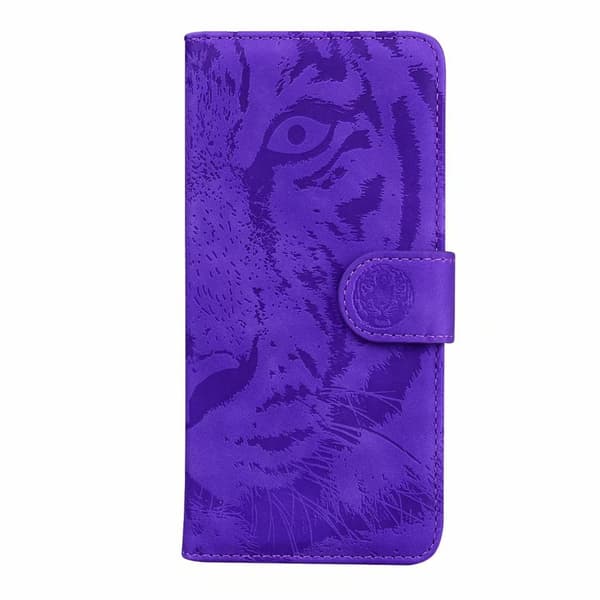 Etui til iPhone 14 Lilla 3D-preget Tiger Soft-Touch Lommebok med Kortholder Flip