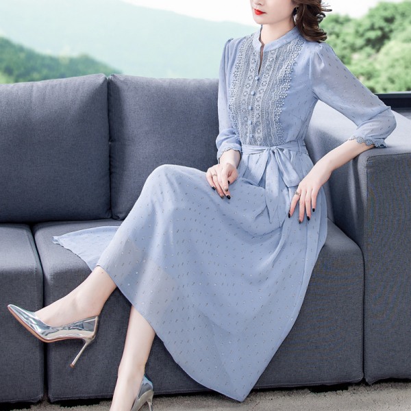 Chiffong Spetsklänning Dam Elegant Slim Fit Tunn över knäet Medellängd Light Blue 3XL