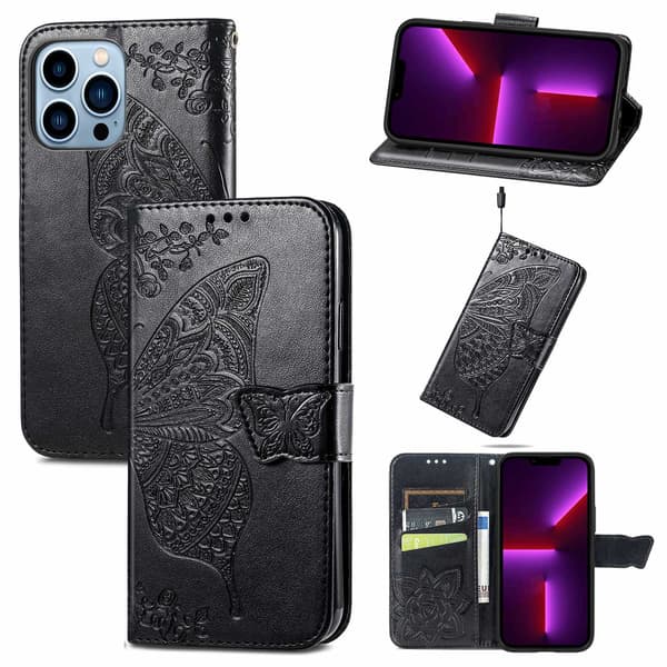 Etui til iPhone 13 Pro svart Flip 3D-preget lær