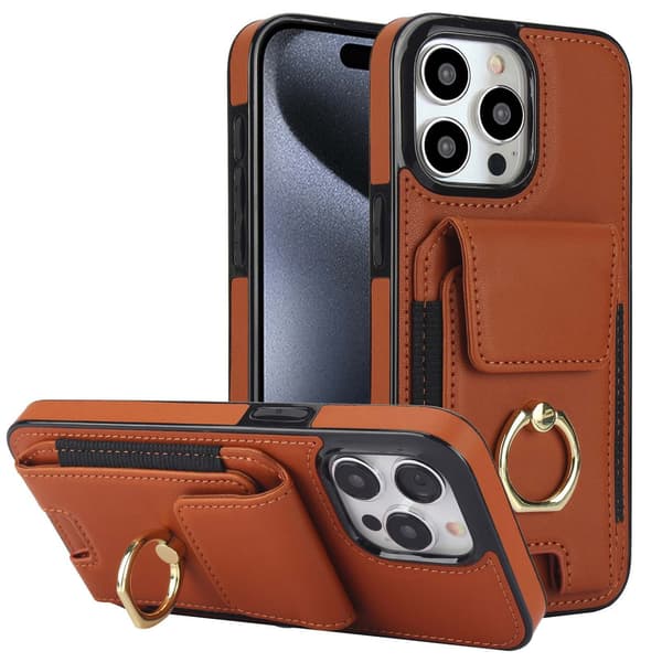 Etui til iPhone 15 brun Bakside Lommebok med Kortholder Ring