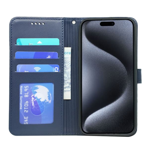 Etui til iPhone iPhone 15 Pro Max blå PU Læder Lille Rund Knap Fotoramme Magnetisk