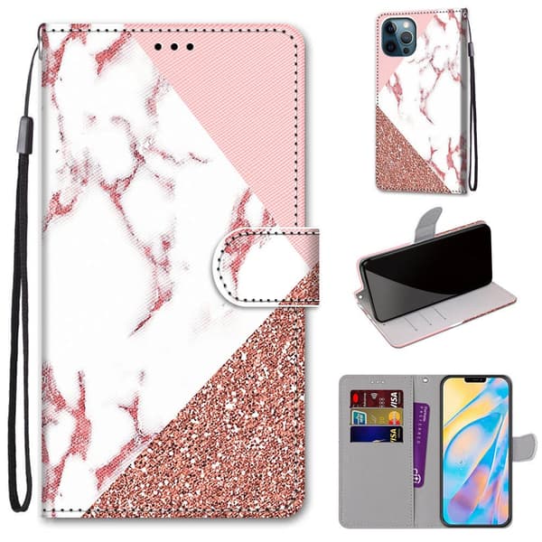 Fodral för iPhone 14 Max Tredelad rosa sten Målad Plånbok med Korthållare Flip