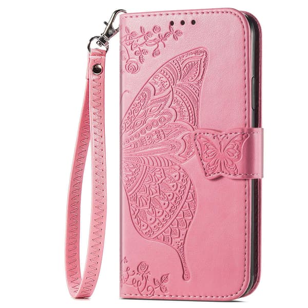 Etui til iPhone 16 Pro Rosa med snor Flip 3D-preget lær