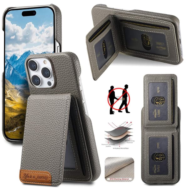 Etui til iPhone 13 Mini grå Lær Pebbled Flip Lommebok med Kortholder