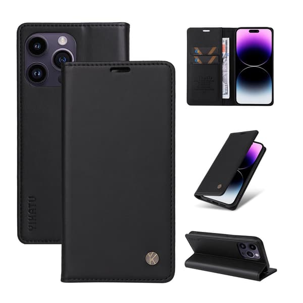 Etui til iPhone iPhone 15 plus sort Almindelig Magnetisk Flip Wallet med Kortholder