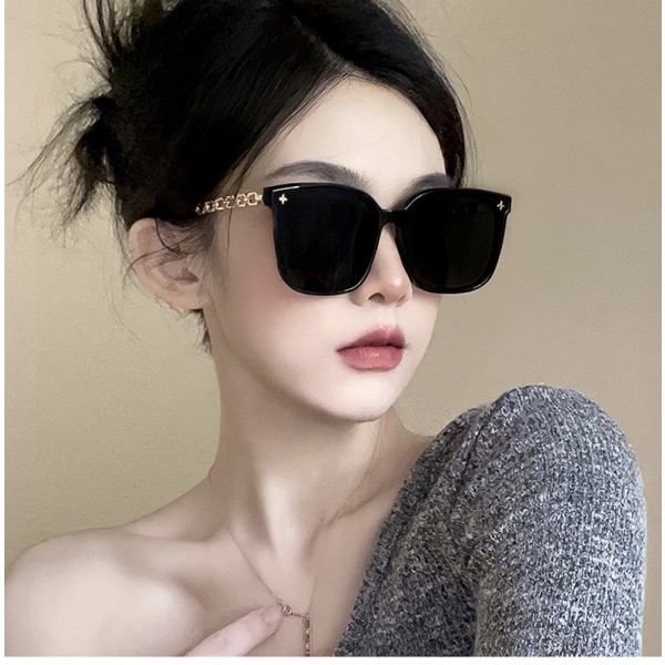 Solglasögon Högklassiga solglasögon UV-säkra metallben Kvinnor att göra runda ansikte Solglasögon med tunt utseende Beige frame Black and Grey lens Polarizer