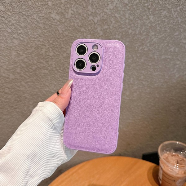 Etui til iPhone 14PLUS Lychee mønster - lilla 2 i 1 Pebbled klassisk læder