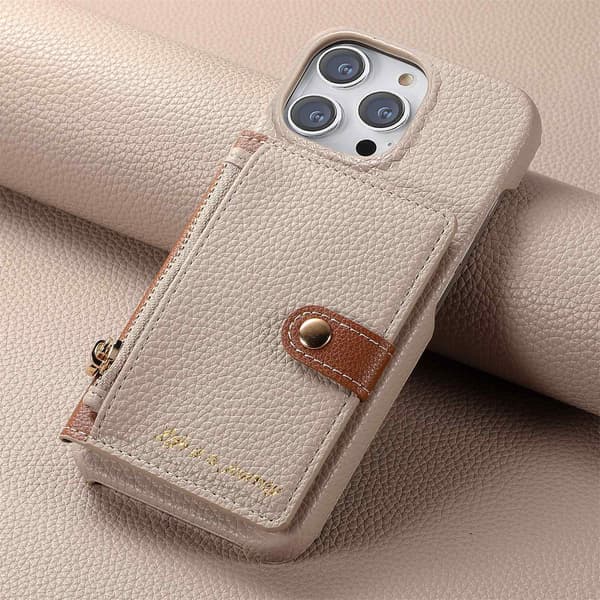 Etui til iPhone 15 Khaki Grå Enkelt klassisk Pebbled kortholder