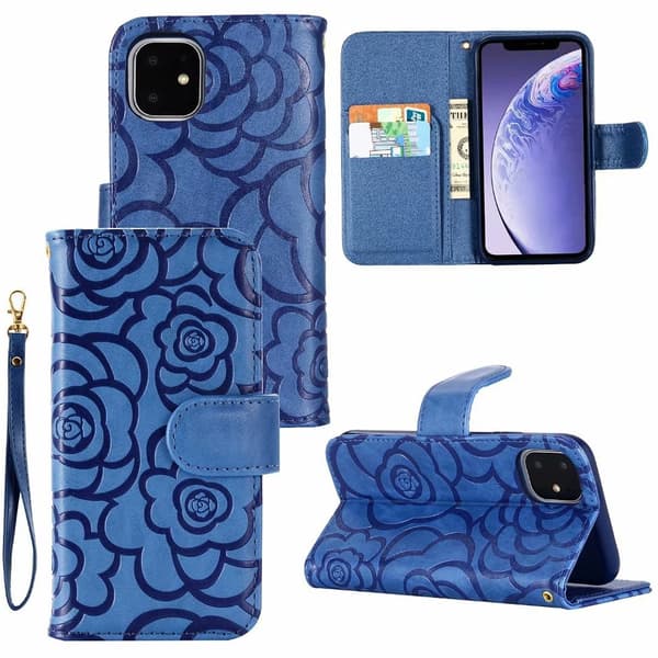 Etui til iPhone 13 Pro Max blå Rose Preget Lommebok med Kortholder Flip