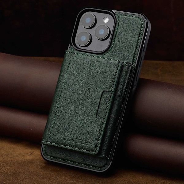Etui til iPhone 15 Plus/14 Plus grønn business Magnetisk kortholder stativ RFID-blokkering