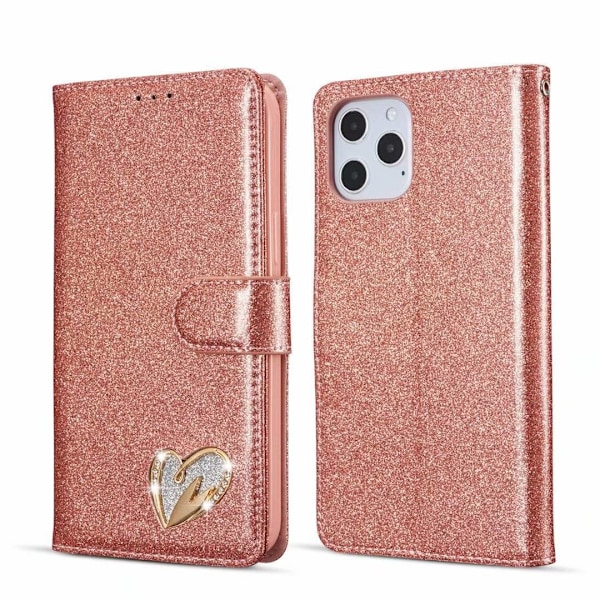 Kotelo iPhone 16 Pro Maxille, ruusukultainen sydän, glitter-timantti, lompakko korttipidikkeellä ja läpällä