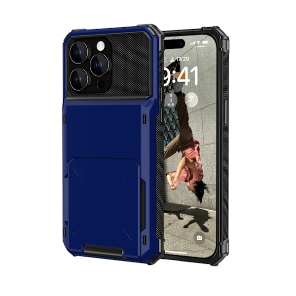 Sininen suojakotelo iPhone 15 Pro:lle, läppämallinen lompakko korttipidikkeellä