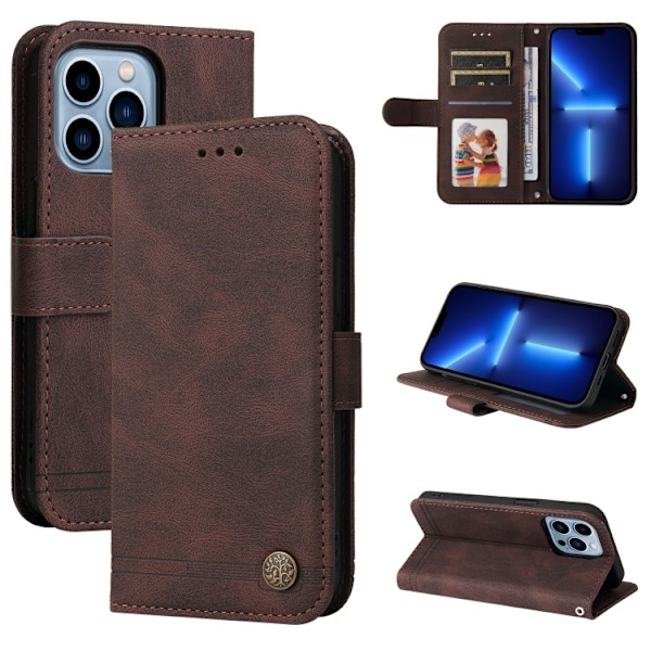 Etui til iPhone 14 Pro brun Soft-Touch Livets Træ Retro Business Wallet med Kortholder