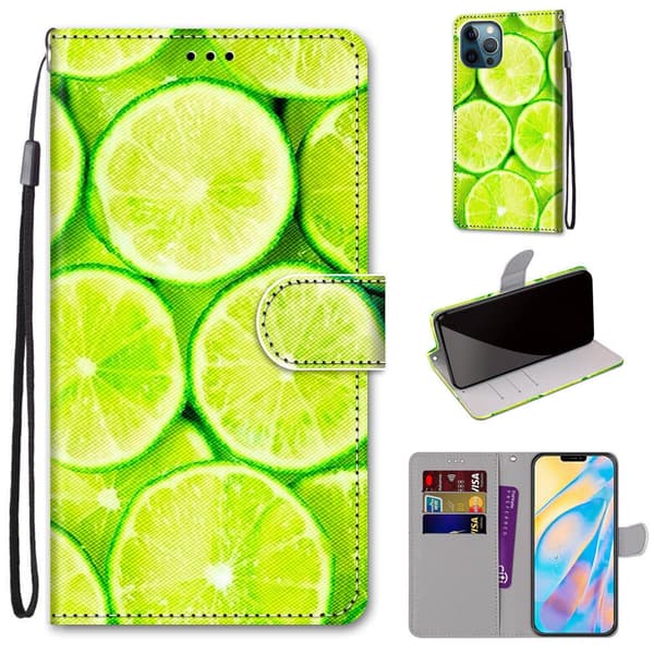 Etui til iPhone 14 Pro Max Grønn sitron Malt Lommebok med Kortholder Flip