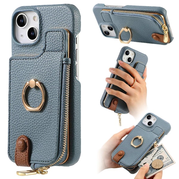 Etui til iPhone 16 Lyseblå Pebbled Ensfarget Ring Lommebok med Kortholder