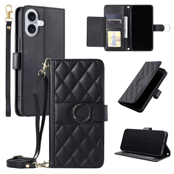 Etui til iPhone 16ProMax Sort + langt og kort reb Ring ins Wallet med kortholder Crossbody