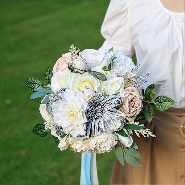Kunstige roseblomster kombinasjonsbokssett inkluderer peoner, krysantemum, falske blomster, bulkblomsterblad med stilker White Champagne Blue S
