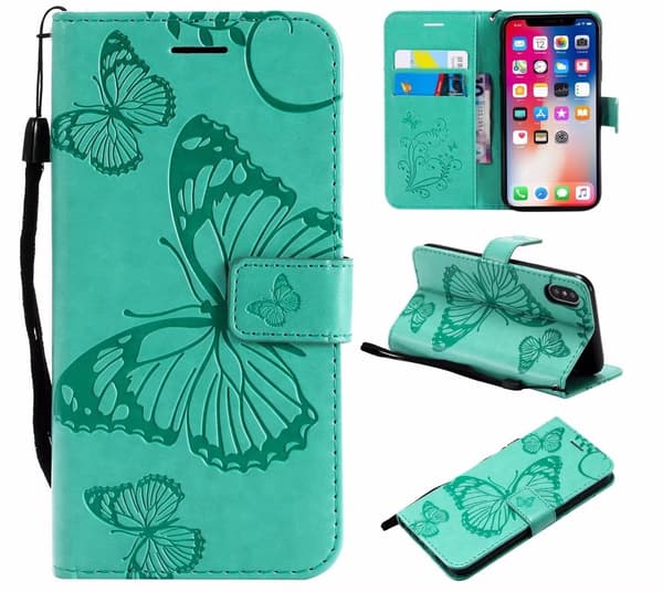 Etui til iPhone 16 Mintgrønn 3D-preget sommerfuglpreget lommebok med kortholder Flip