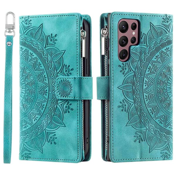 Etui til iPhone 13 grøn Multi-kort Totem Lynlås Flip Wallet med Kortholder