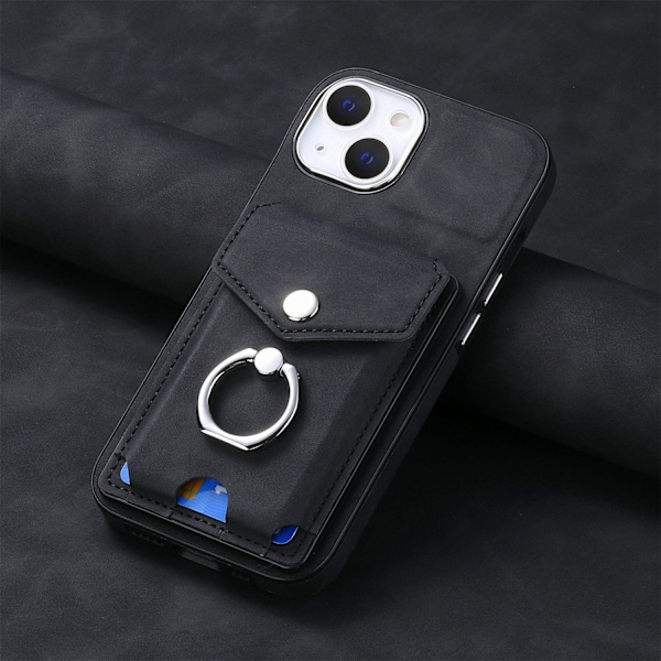 Etui til iPhone 14 Plus sort højkvalitets galvanisering Soft-Touch kortholder ringstativ