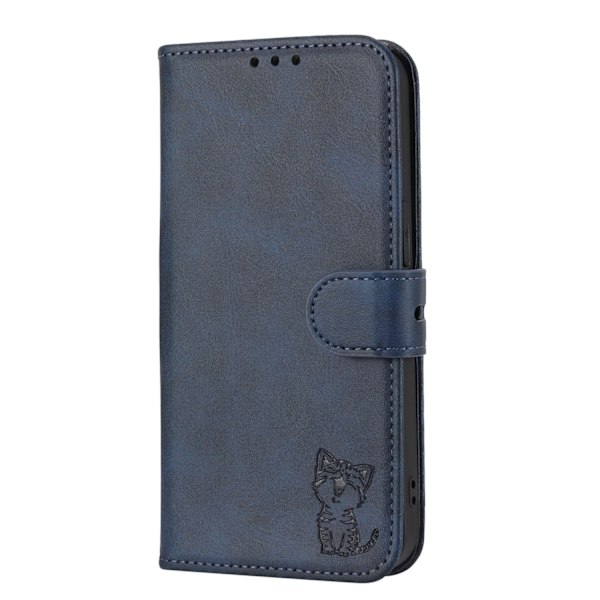 Etui til iPhone 16 blå Six Generation Kitten Embossed Cartoon Flip Plain