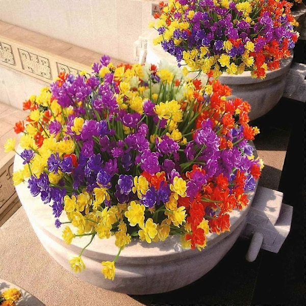 Kunstige falske blomster, 8 bundter UV-resistente grønne buske planter til udendørs hængende plantekasser boligindretning (Orange) Orange-8pcs