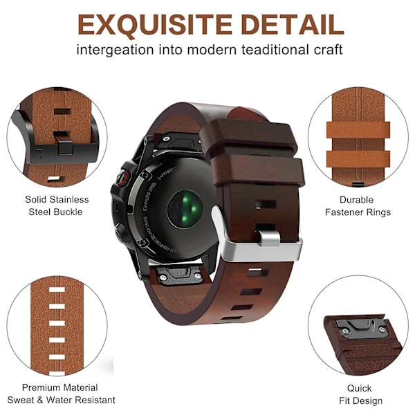 Sort Sort Læder Urrem kompatibel med Garmin Fenix 5x Sapphire