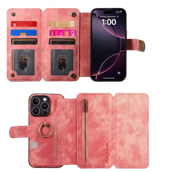 Etui til iPhone 15 Pro Max pink Ekstra Stor Tri-Fold Flip Business RFID-Blokerende Multi-Wallet med Kortholder