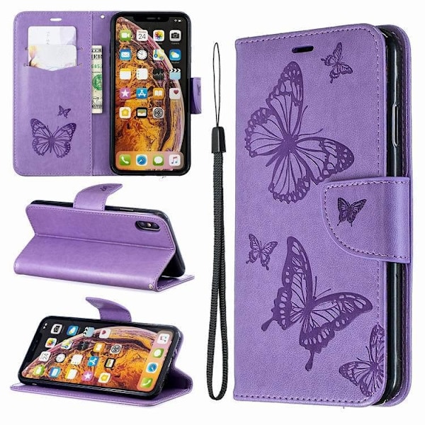 Etui til iPhone 13 Pro Max Lilla Sommerfugl 3D Præget Flip Wallet med Kortholder