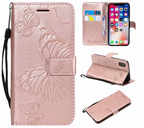 Etui til iPhone 16 Pro Max Rose Gold 3D-preget sommerfuglpreget lommebok med kortholder