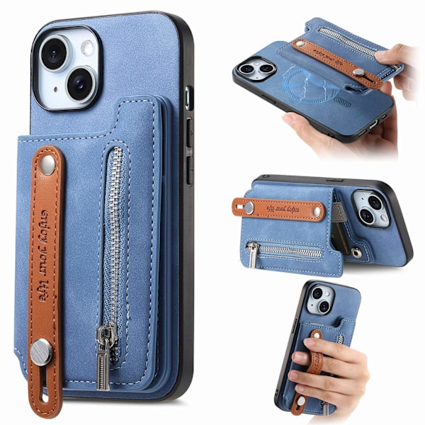 Fodral för iPhone 13 blått magnetiskt flip-plånbok med korthållare