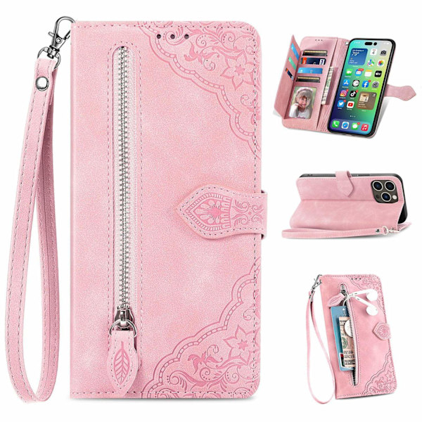 Etui til iPhone 13 Pro Max Rosaguld lynlåspung med kortholder flip