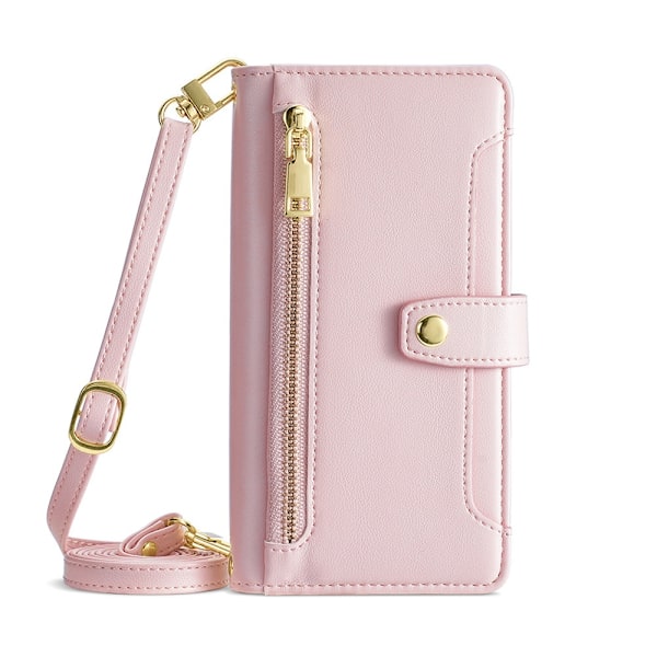 Kotelo iPhone 15 Plus Pinkille (sisältää pitkän olkahihnan + lyhyen rannehihnan) Flip Crossbody -hihna