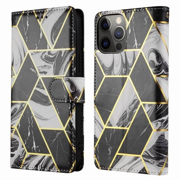 Etui til iPhone 15PRO sort guld marmormønster pung med kortholder geometrisk