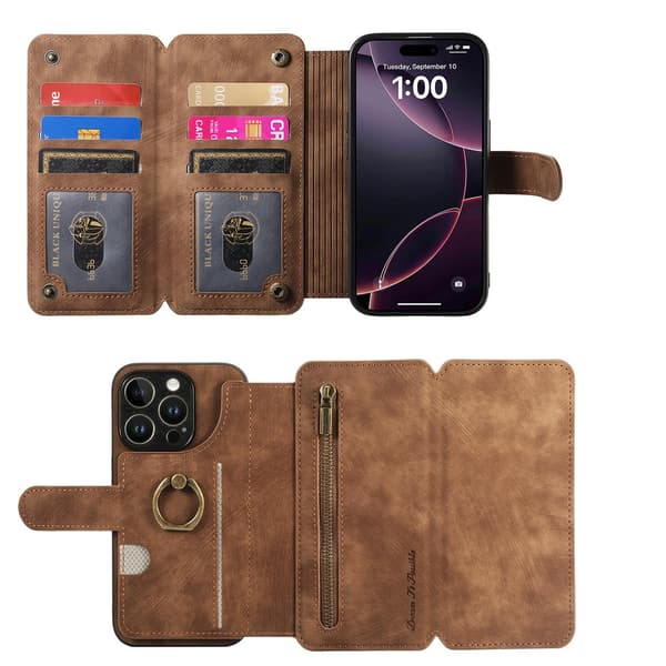 Etui til iPhone 15 Plus brun Ekstra Stor Tri-Fold Flip Business RFID-Blokerende Multi-Wallet med Kortholder