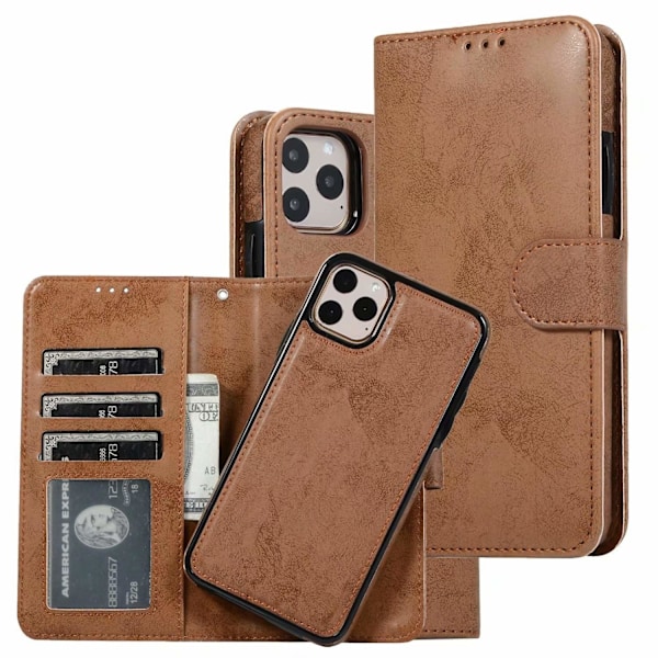 Etui til iPhone 15 Pro brun 2 i 1 Magnetisk Læder Flip Wallet med Kortholder