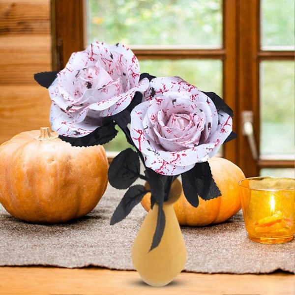 2 stk. Halloween Kunstig Blomsterdekoration Realistisk Blodrose Buket Falske Blomster Dark Red