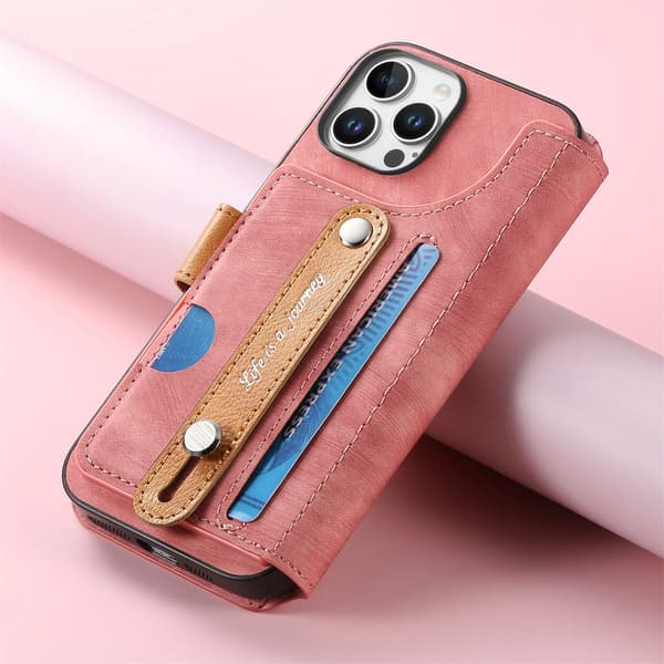 Etui til iPhone 14 Pro Max rosa Flip Håndleddsveske med Kortholder