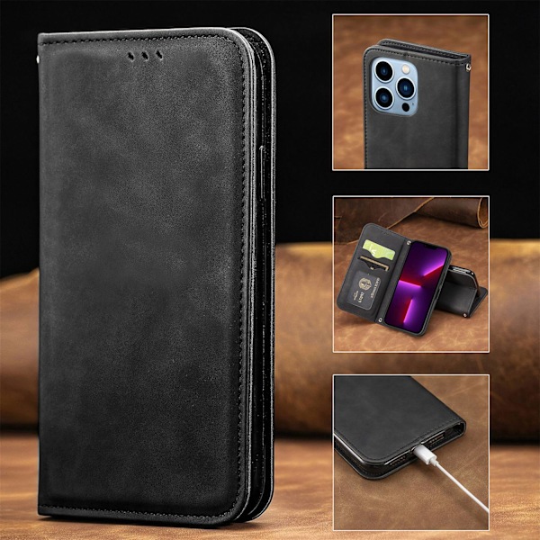 Fodral för iPhone 16 Pro Max svart Flip Anpassningsbart Multi-Modell Plånbok med Korthållare Slitstark