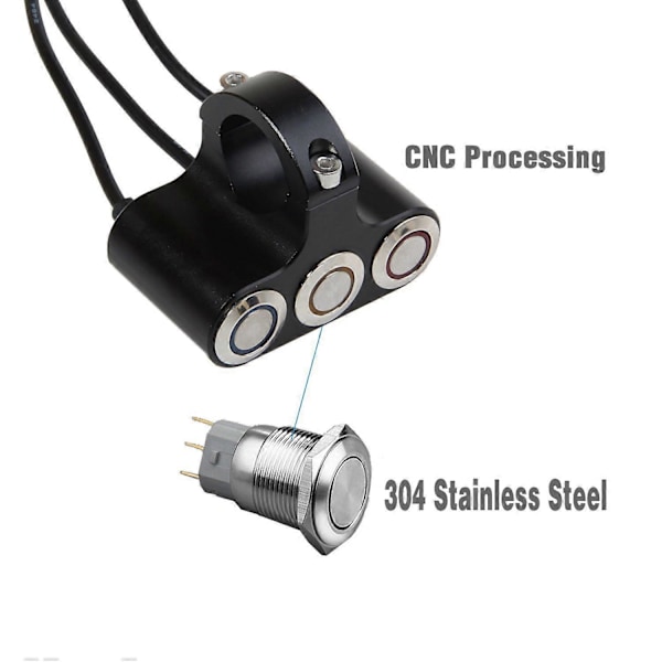 Motorsykkelstyre 3 LED Indikator Lysbryter 25mm Justerbart Feste Vanntett Knappebryter DC