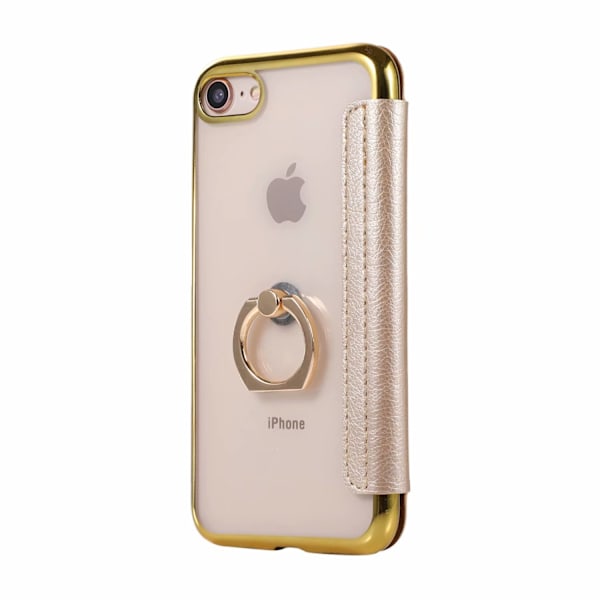 Fodral för iPhone 14 plus/15 plus guld Ring Elektroplätering Flip Plånbok med Korthållare Transparent