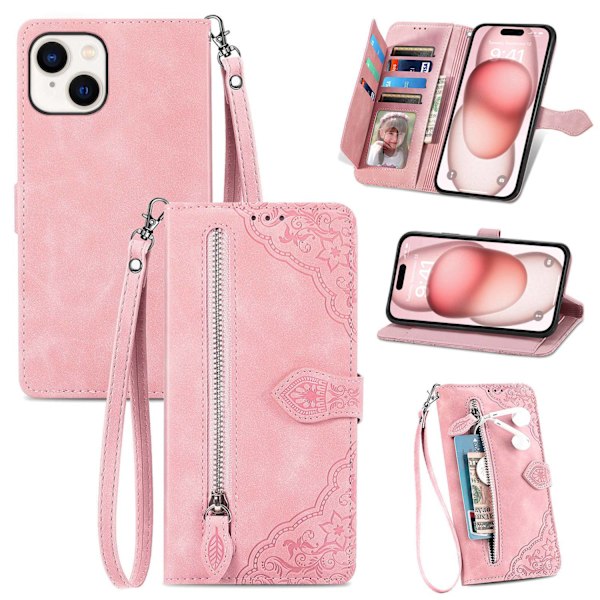 Etui til iPhone 15 Plus Rosaguld [med læder lanyard] Flip 3D Præget Wallet med Kortholder
