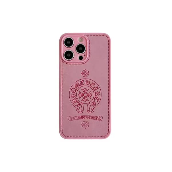 Etui til iPhone 15plus Pink Blomst Chrome Hjerte Klassisk presset læder Chrome Hearts Fuld-krops læder Tekstureret blød