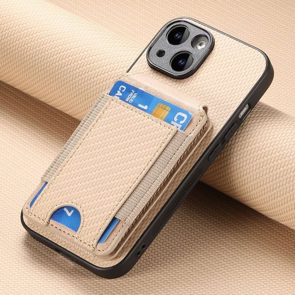 Fodral för iPhone 15 Plus Khaki Aprikos Flip Plånbok med Korthållare Ställ