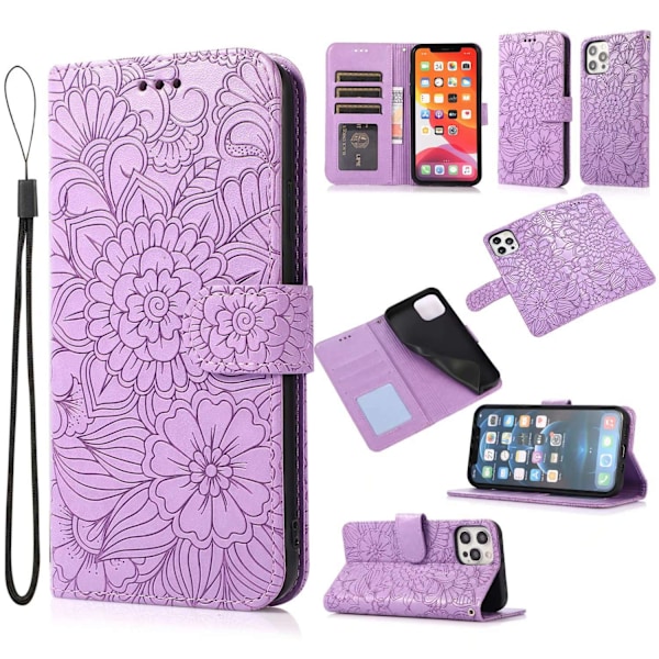 Kotelo iPhone 15 Prolle, violetti, pehmeäpintainen 3D-kohokuvioitu auringonkukkaro lompakko korttipaikalla
